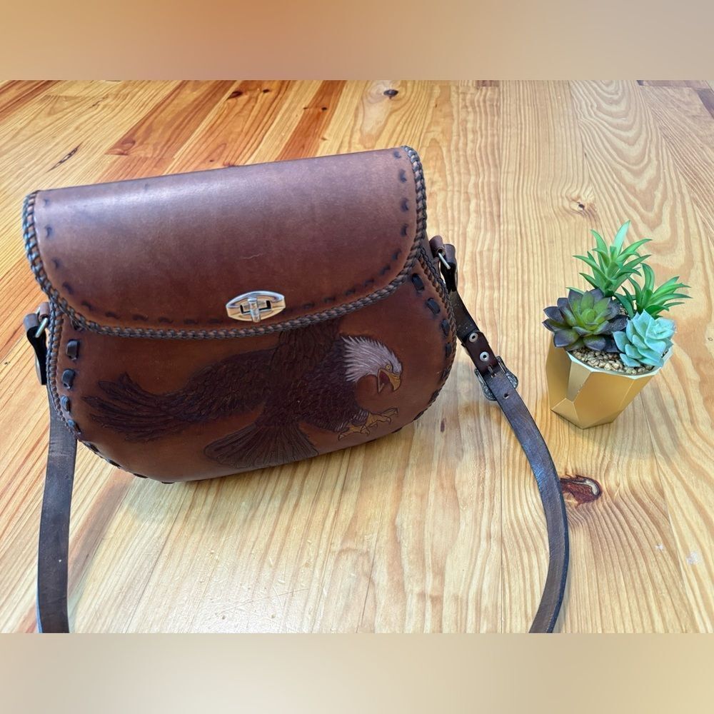 Vintage Handmade Tooled Leather Eagle Bird Saddlebag Shoulder Purse Western